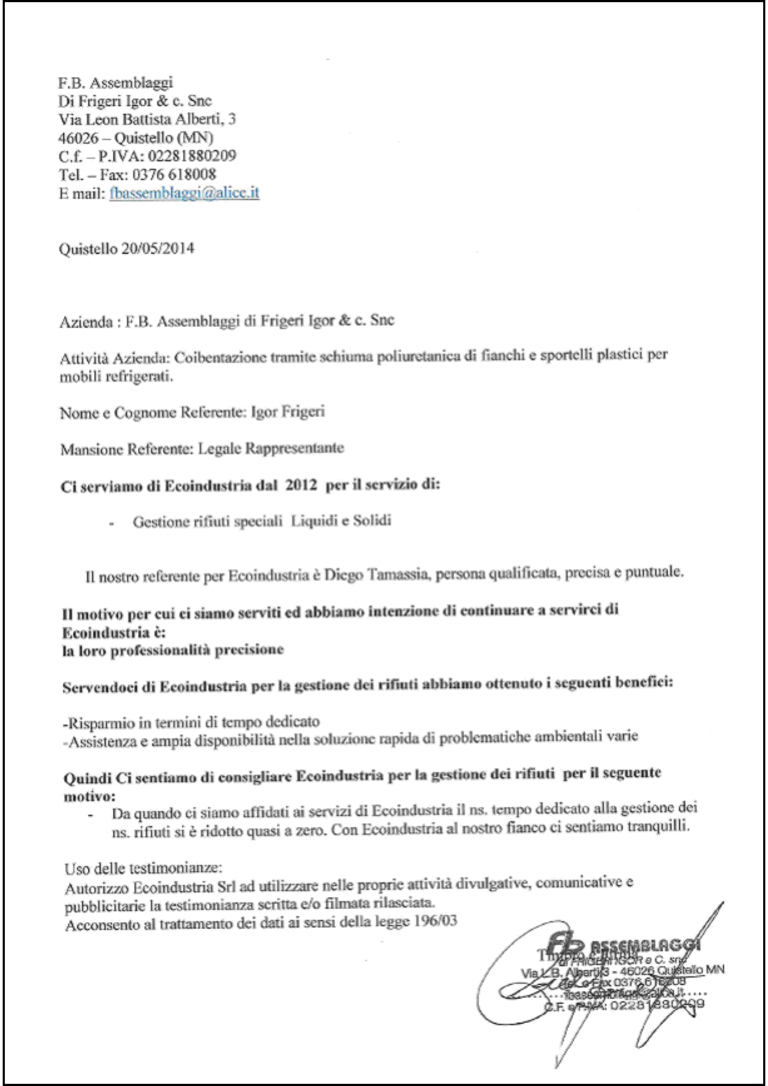 Testimonianza FB Assemblaggi